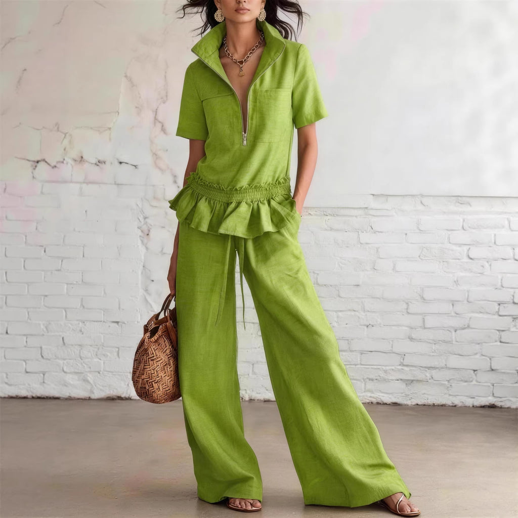 Conjunto de pantalón ancho y camisa de color liso para mujer.