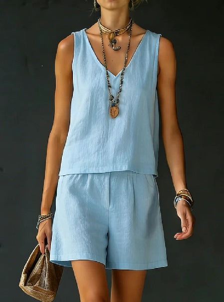 Conjunto de dos piezas para mujer — top sin mangas y shorts de lino y algodón