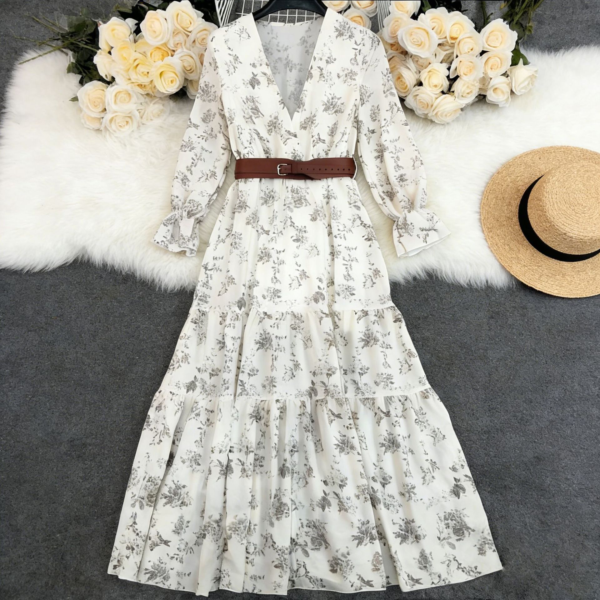 Vestido Estampado Floral Cuello en V para Mujer — Poliéster