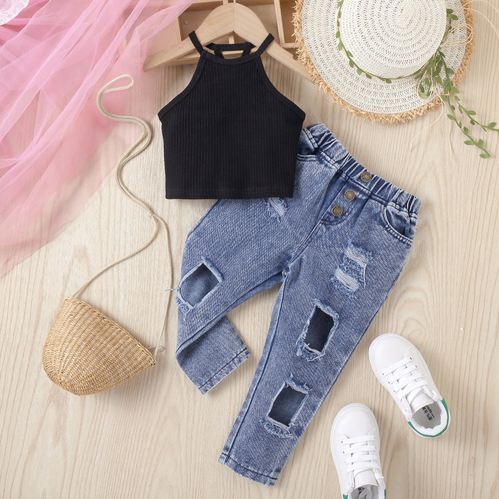 Conjunto de Dos Piezas para Niña: Jersey sin Mangas y Pantalón Vaquero