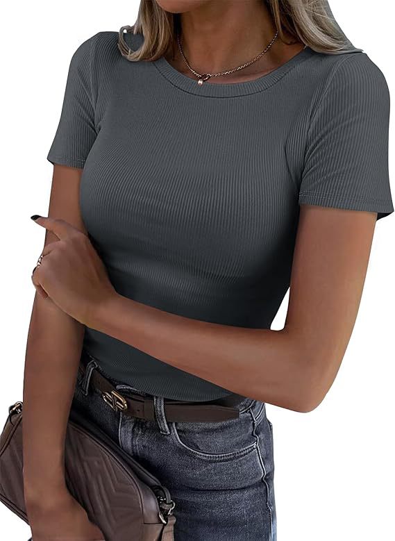 Camiseta de Manga Larga Elástica Cuello Redondo Acanalada para Mujer