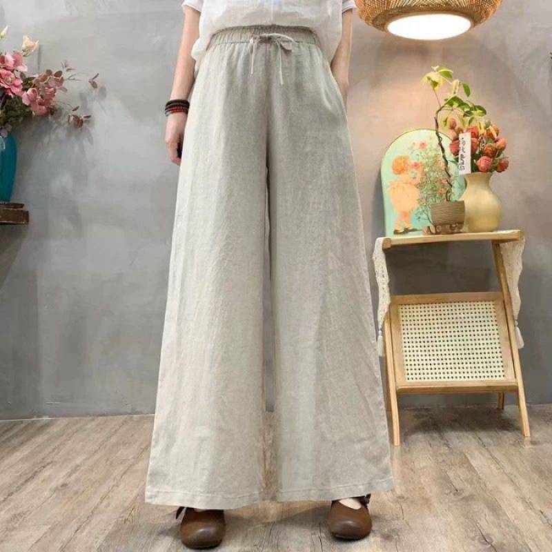 Pantalones holgados de talle alto de algodón y lino para mujer