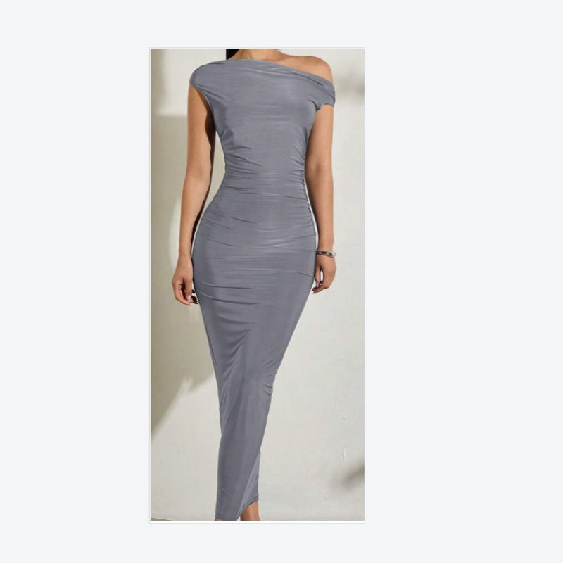 Vestido de verano elegante para mujer, ideal para fiestas, citas diarias, con escote asimétrico., un solo hombro, parte delantera descubierta, falda larga plisada y textura ondulada.