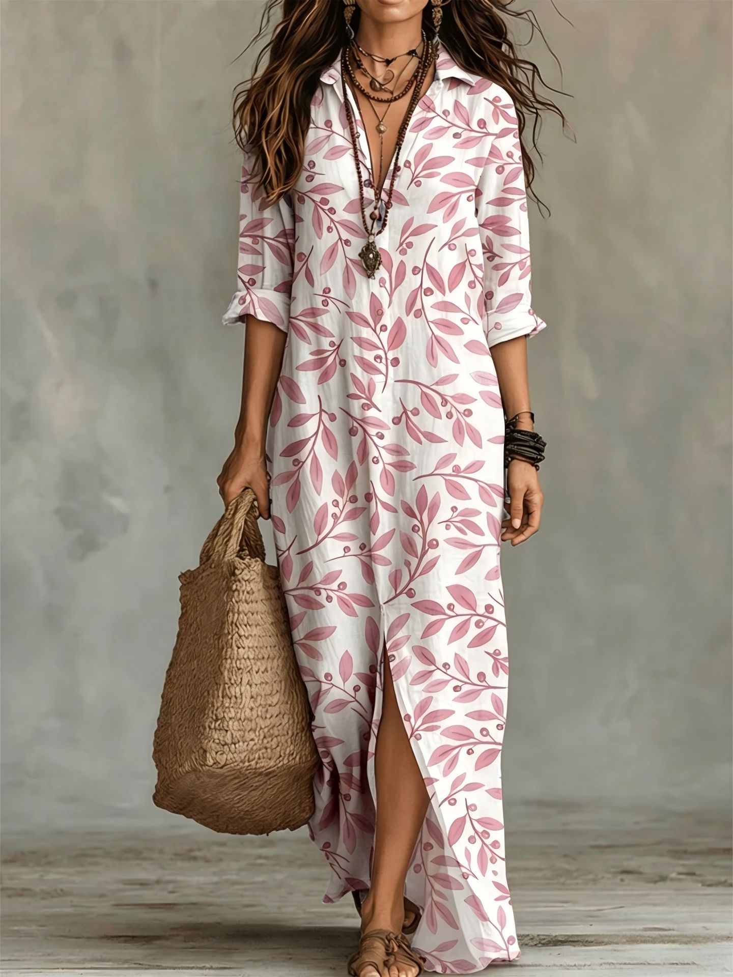 Vestido Camisero Largo con Estampado Digital para Mujer — Poliéster