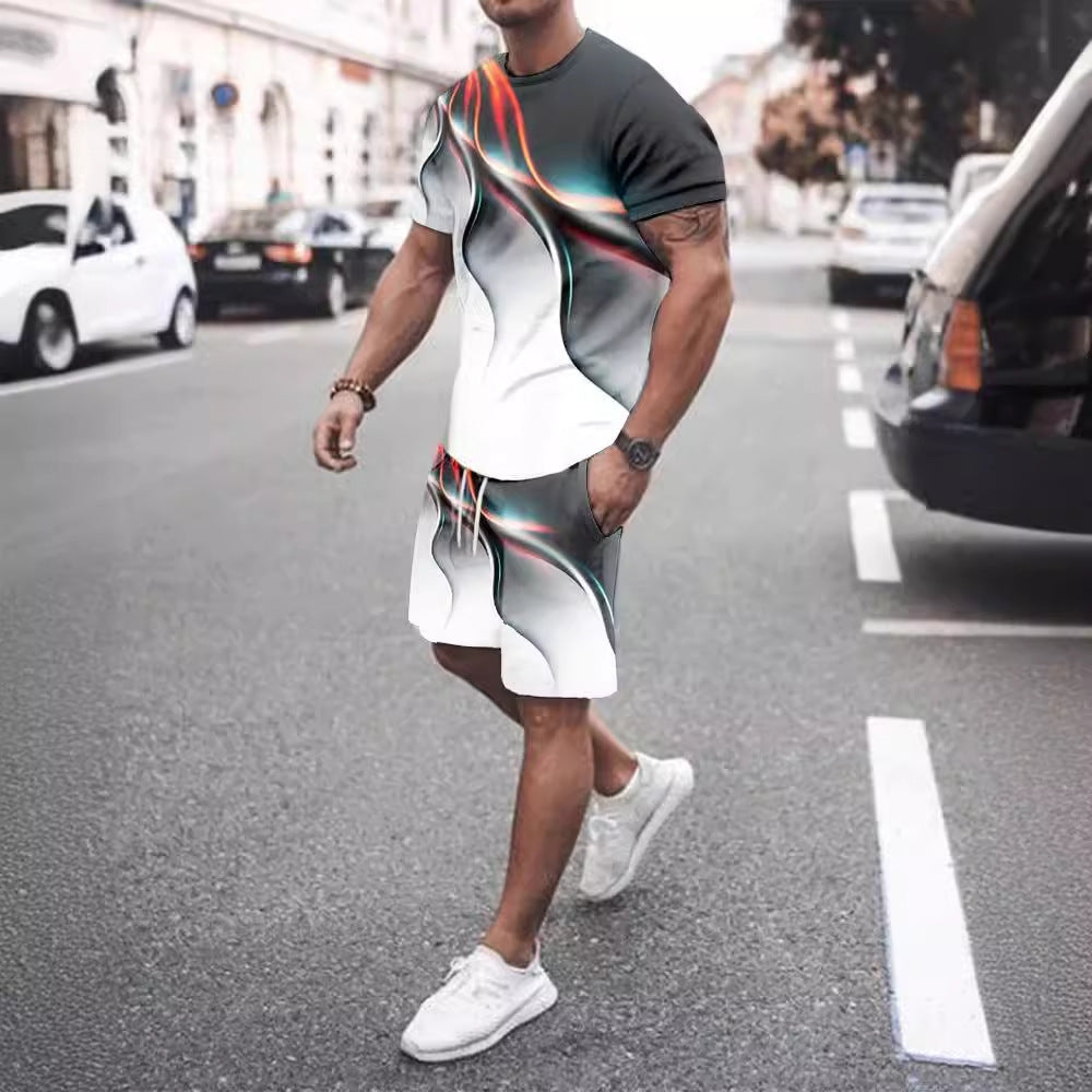 Conjunto deportivo informal de dos piezas para hombre — camiseta y pantalón corto estampados
