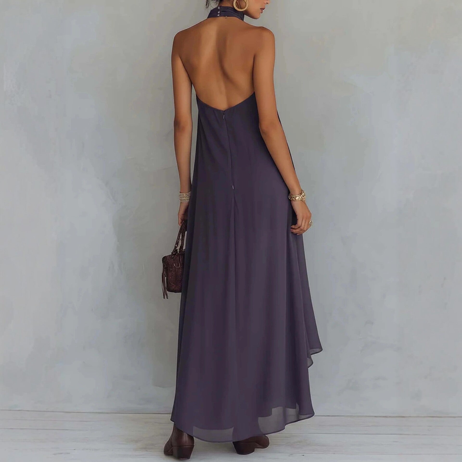 Vestido Maxi sin Mangas con Cuello Alto y Bordado Morado