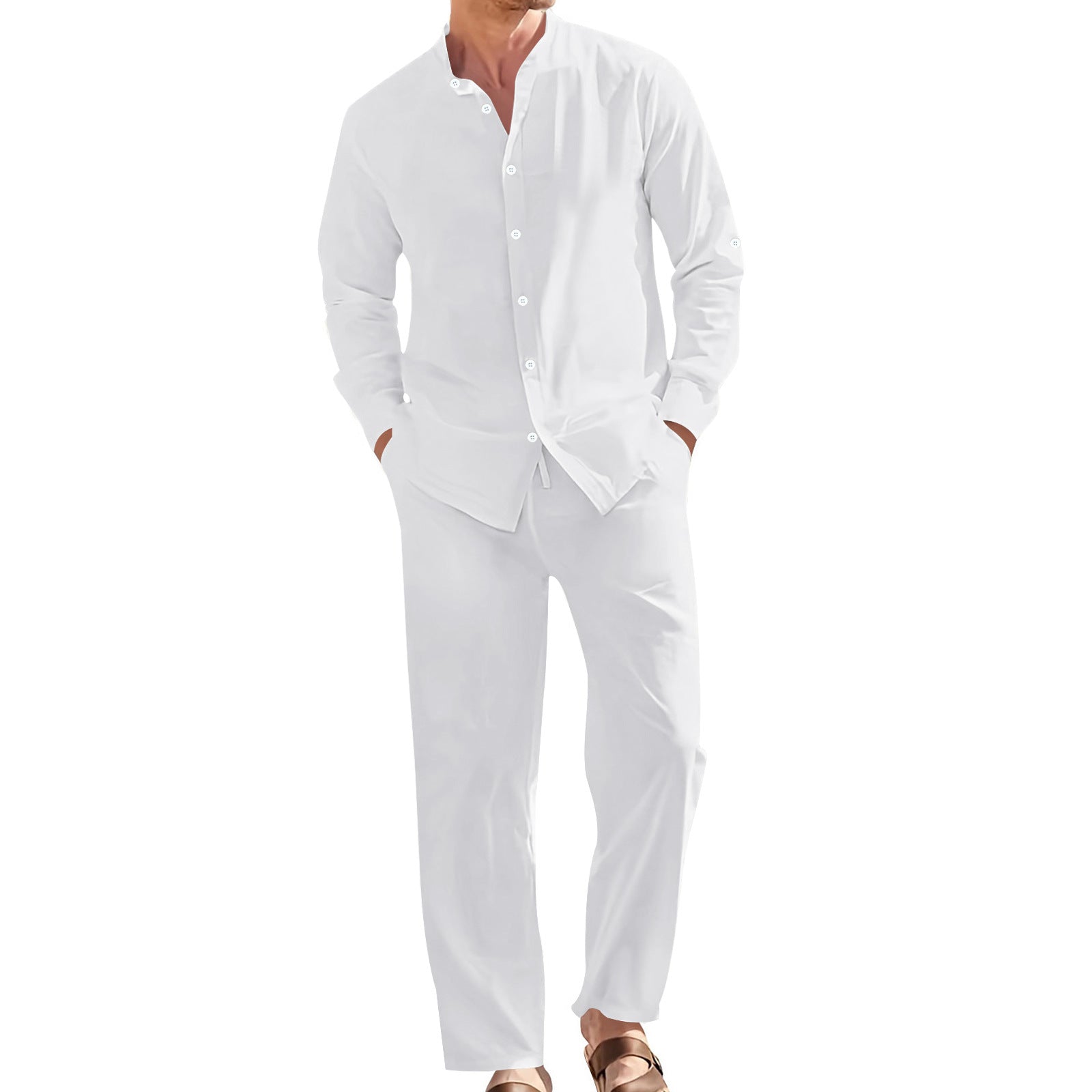 Conjunto de camisa informal de lino con cuello alto y pantalón holgado para hombre.