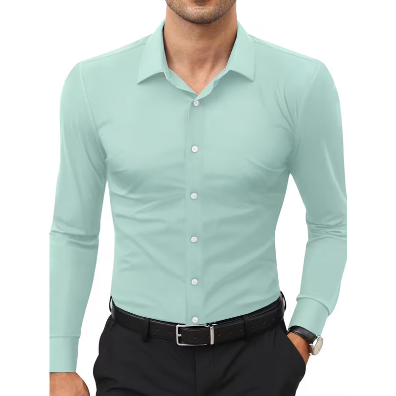 Camisa blanca elástica de manga larga con botones para hombre, tallas grandes.