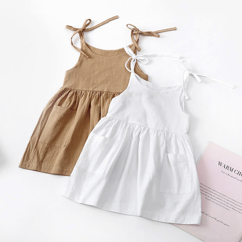 Vestido de Verano para Niña de Algodón y Lino con Bolsillo Lateral — Color Liso