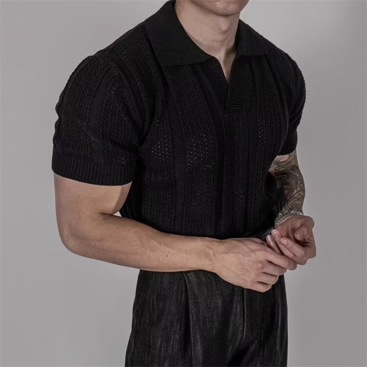 Polo de seda helada calada para hombre con cuello de solapa
