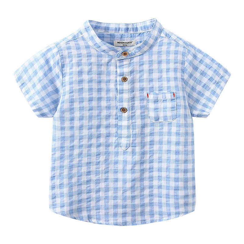 Camisa Infantil de Algodón a Cuadros Azul de Manga Corta — Clásica y Fresca