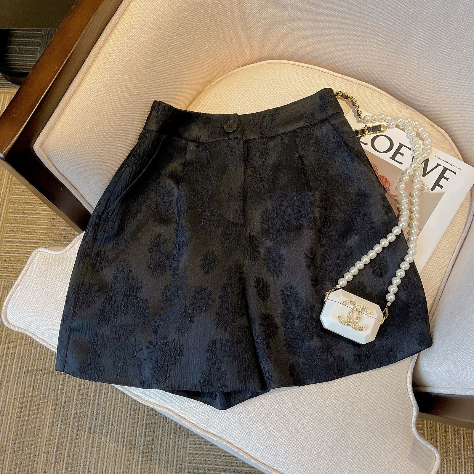 Traje corto de jacquard negro estilo Chanel para mujer