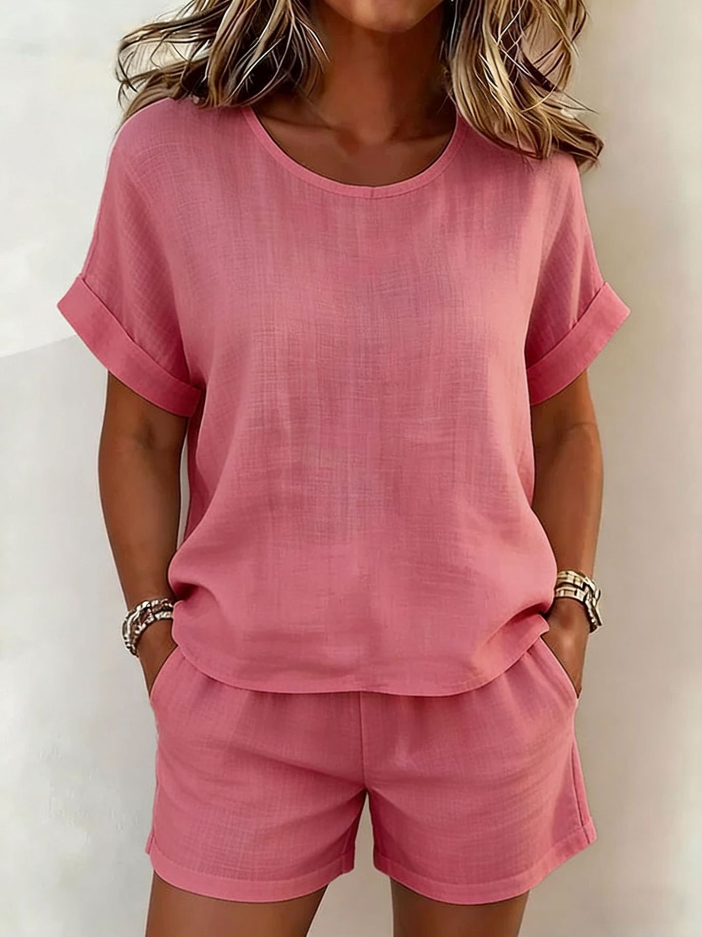 Conjunto Dos Piezas Informal Color Liso Cuello Redondo Manga Corta Mujer