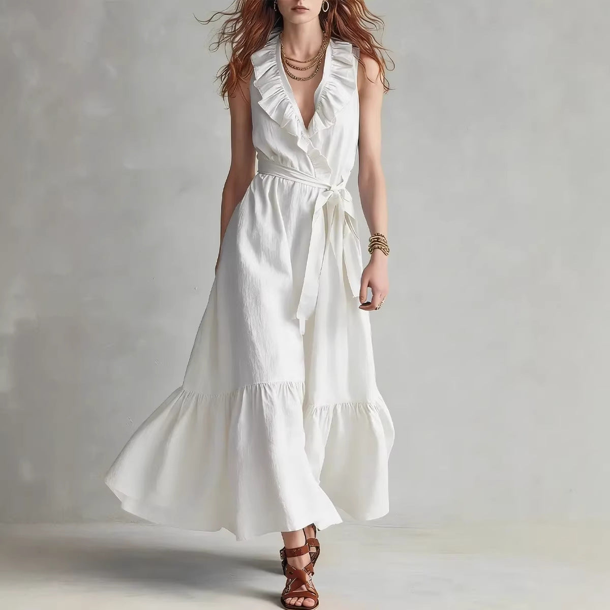 Vestido sin mangas con escote en V y cordones