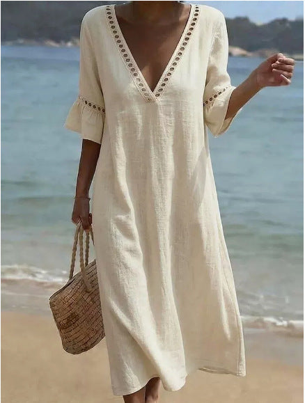 Vestido Holgado de Algodón y Lino con Encaje y Escote en V