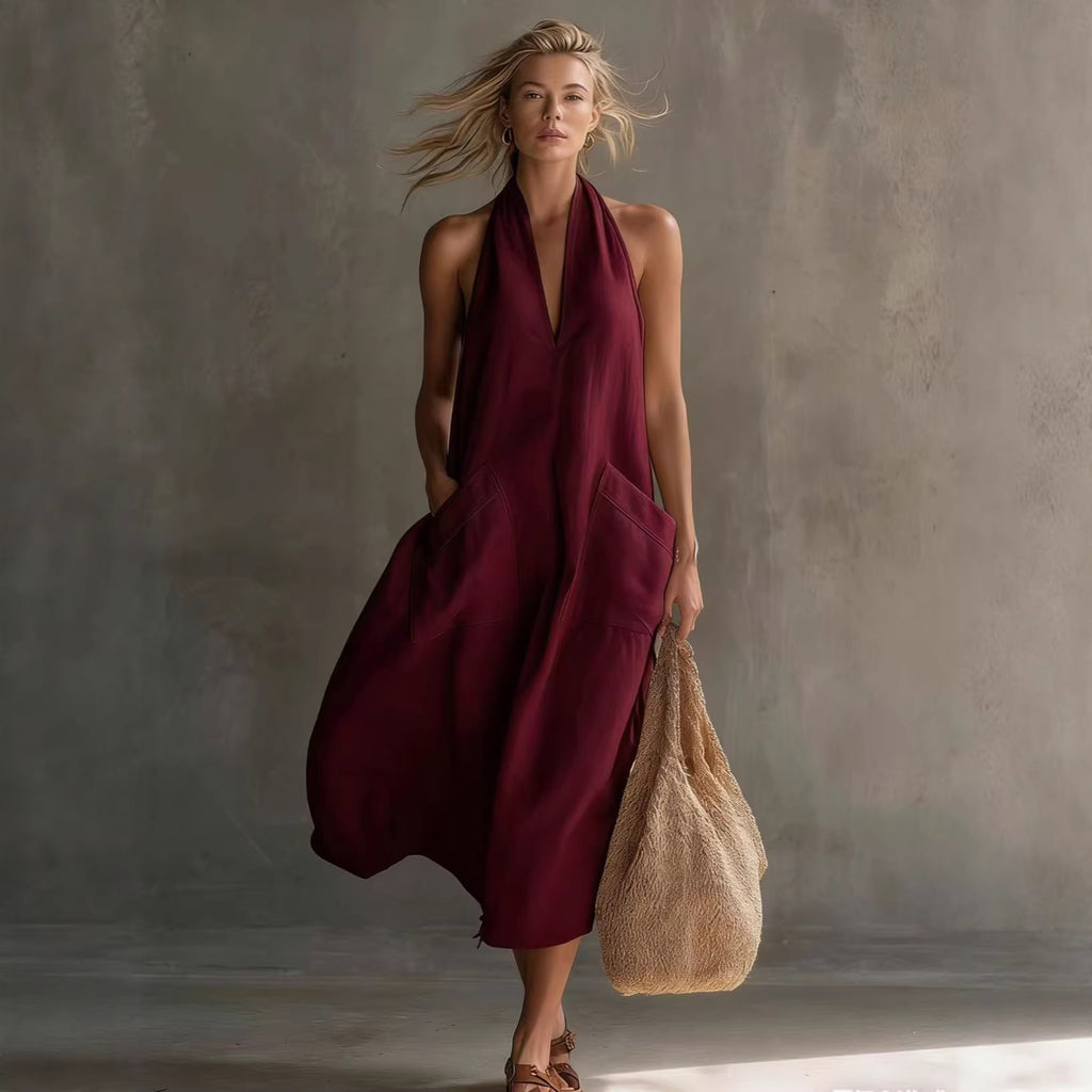 Retro-style linen slip dress with V-neck