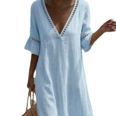 Vestido Holgado de Algodón y Lino con Encaje y Escote en V
