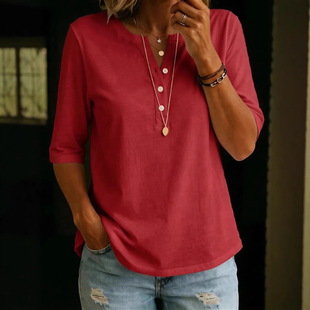 Camisa de manga corta con botones, de algodón liso para mujer.