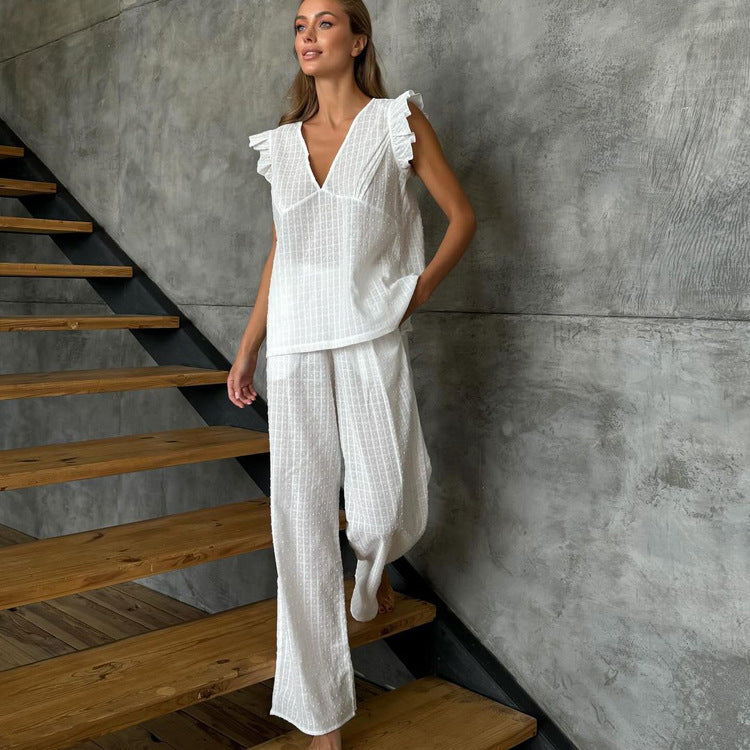 Conjunto Dos Piezas Top Algodón Cuello V Volantes y Pantalón Holgado Mujer