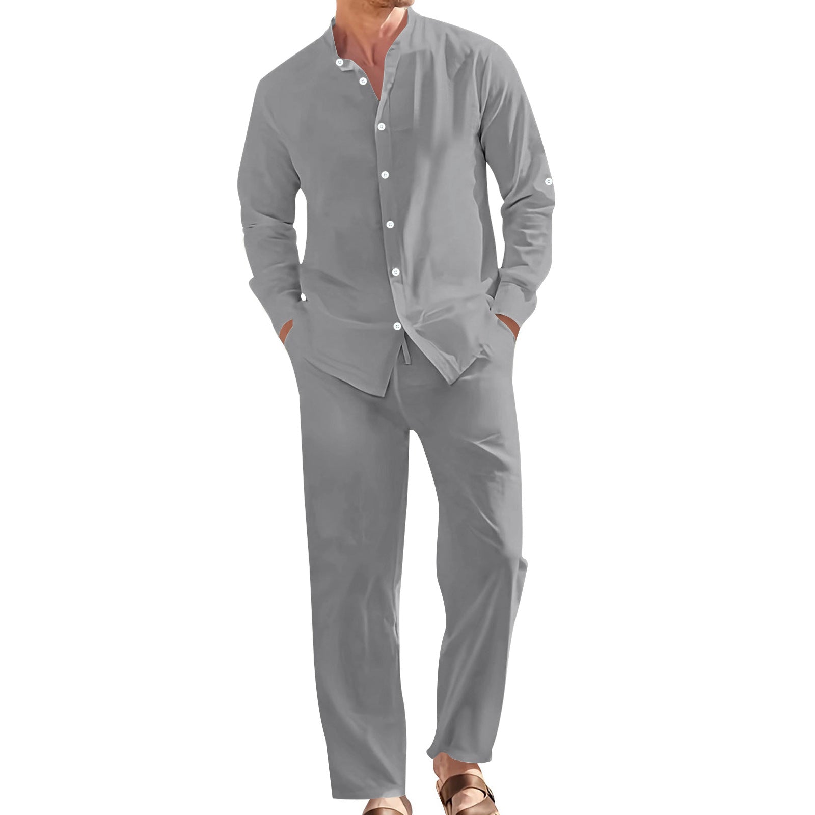 Conjunto de camisa informal de lino con cuello alto y pantalón holgado para hombre.