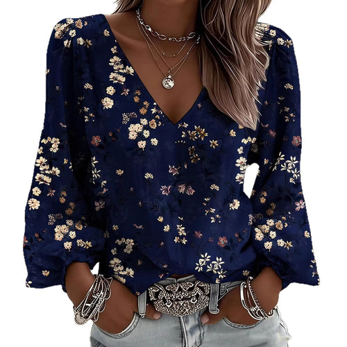 Camisa de manga larga informal y holgada para mujer con estampado floral.