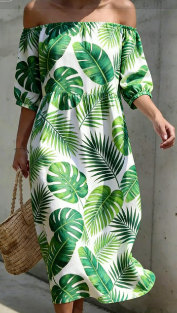 Vestido informal manga corta holgado plisado con hombros descubiertos