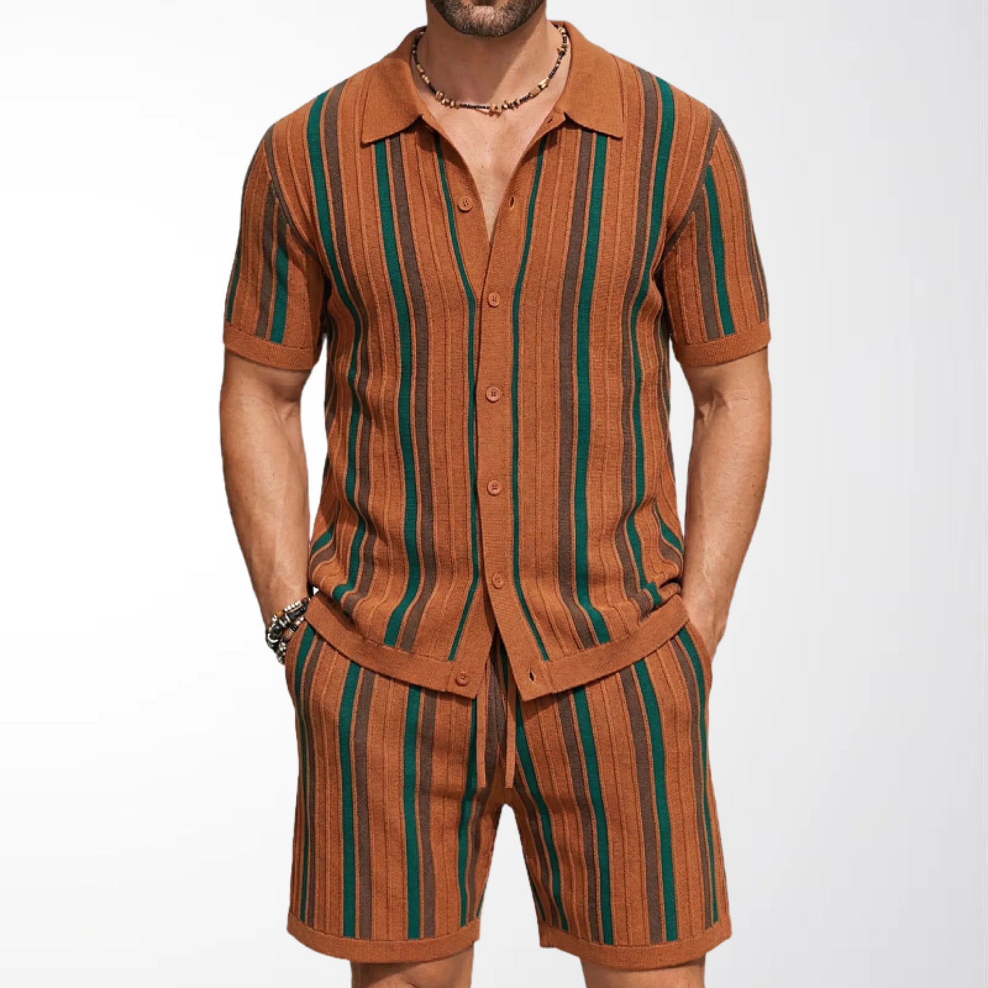Conjunto informal de dos piezas de punto de manga corta para hombre