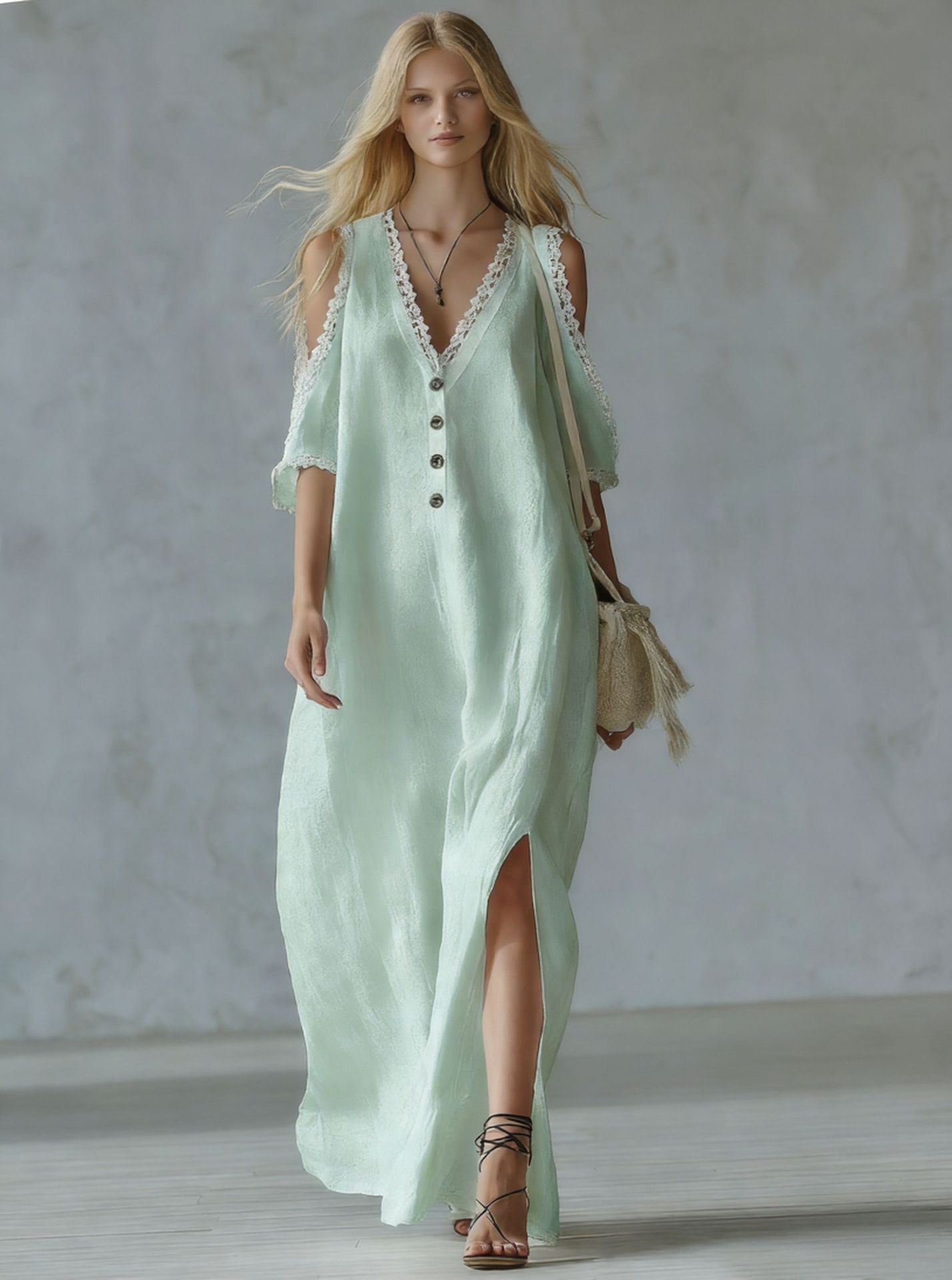 Nuevo vestido casual de mujer de corte holgado con ribete de encaje.