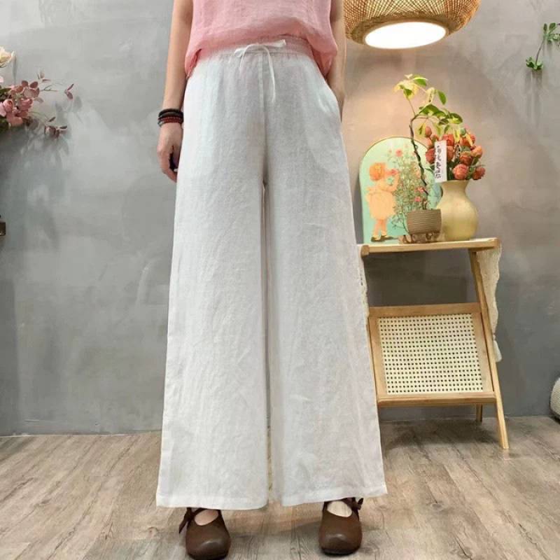 Pantalones holgados de talle alto de algodón y lino para mujer