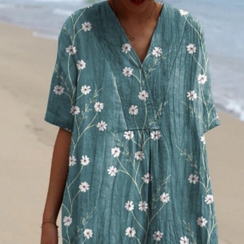Vestido con Escote en V y Estampado Floral