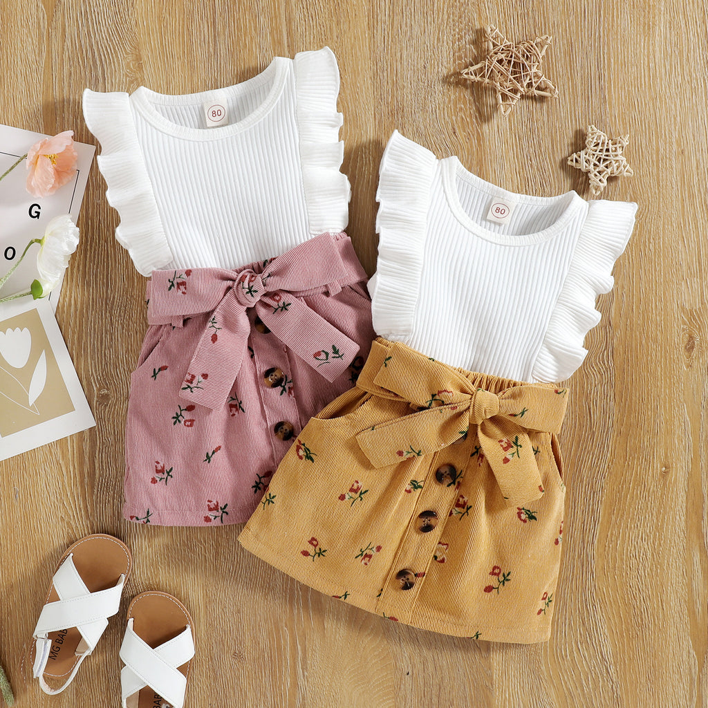 Conjunto de Dos Piezas con Top Sin Mangas y Falda Floral para Niña — Algodón 95%