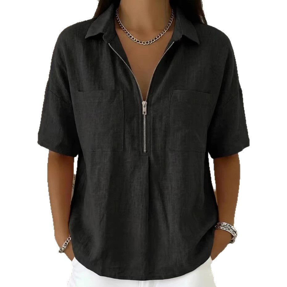 Camisa Informal Manga Corta Cuello V Cremallera Holgada para Mujer