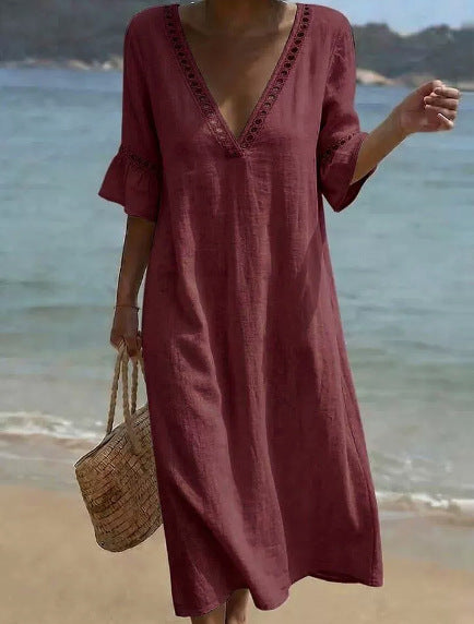 Vestido Holgado de Algodón y Lino con Encaje y Escote en V