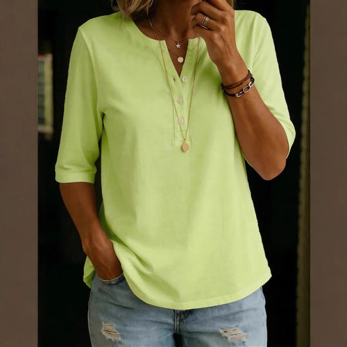 Camisa de manga corta con botones, de algodón liso para mujer.
