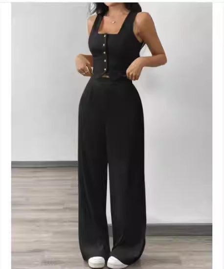 Conjunto Top Ajustado y Pantalón de Pierna Ancha de Talle Alto para Mujer