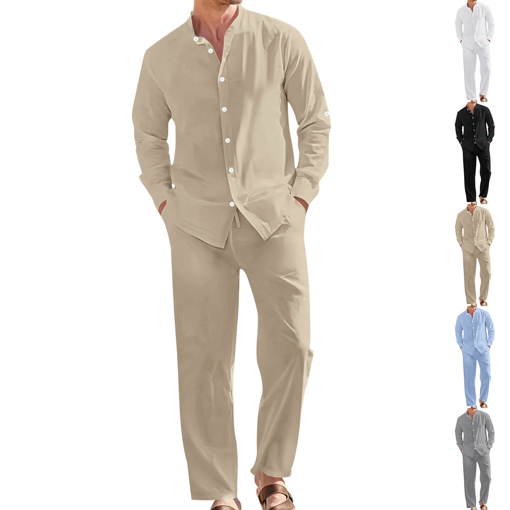 Conjunto de camisa informal de lino con cuello alto y pantalón holgado para hombre.