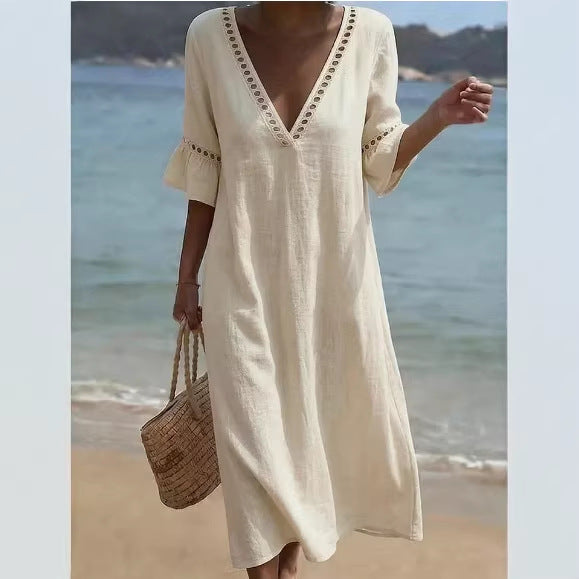 Vestido Holgado de Algodón y Lino con Encaje y Escote en V