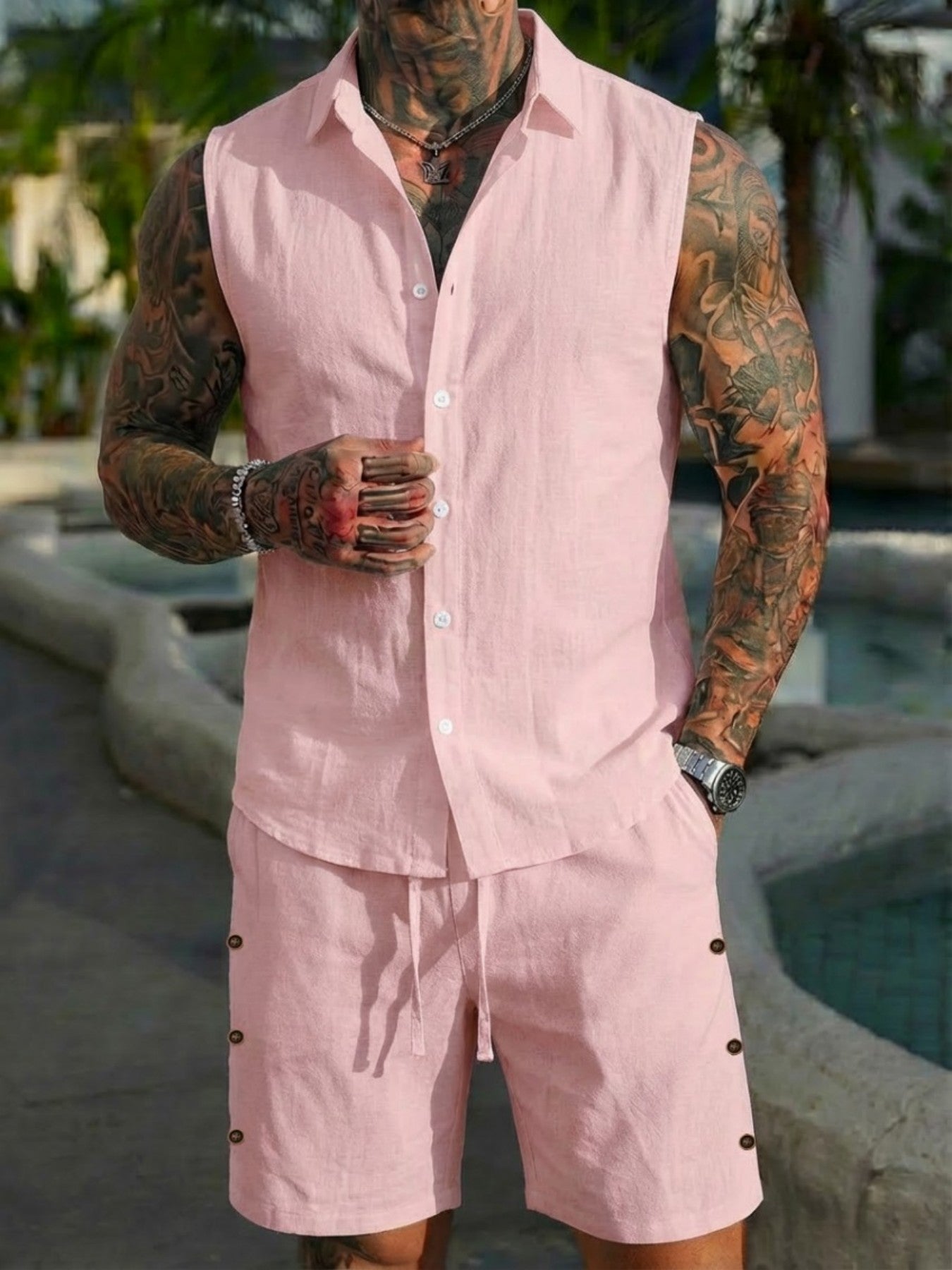 Conjunto fresco de lino para hombre — camisa manga corta y shorts