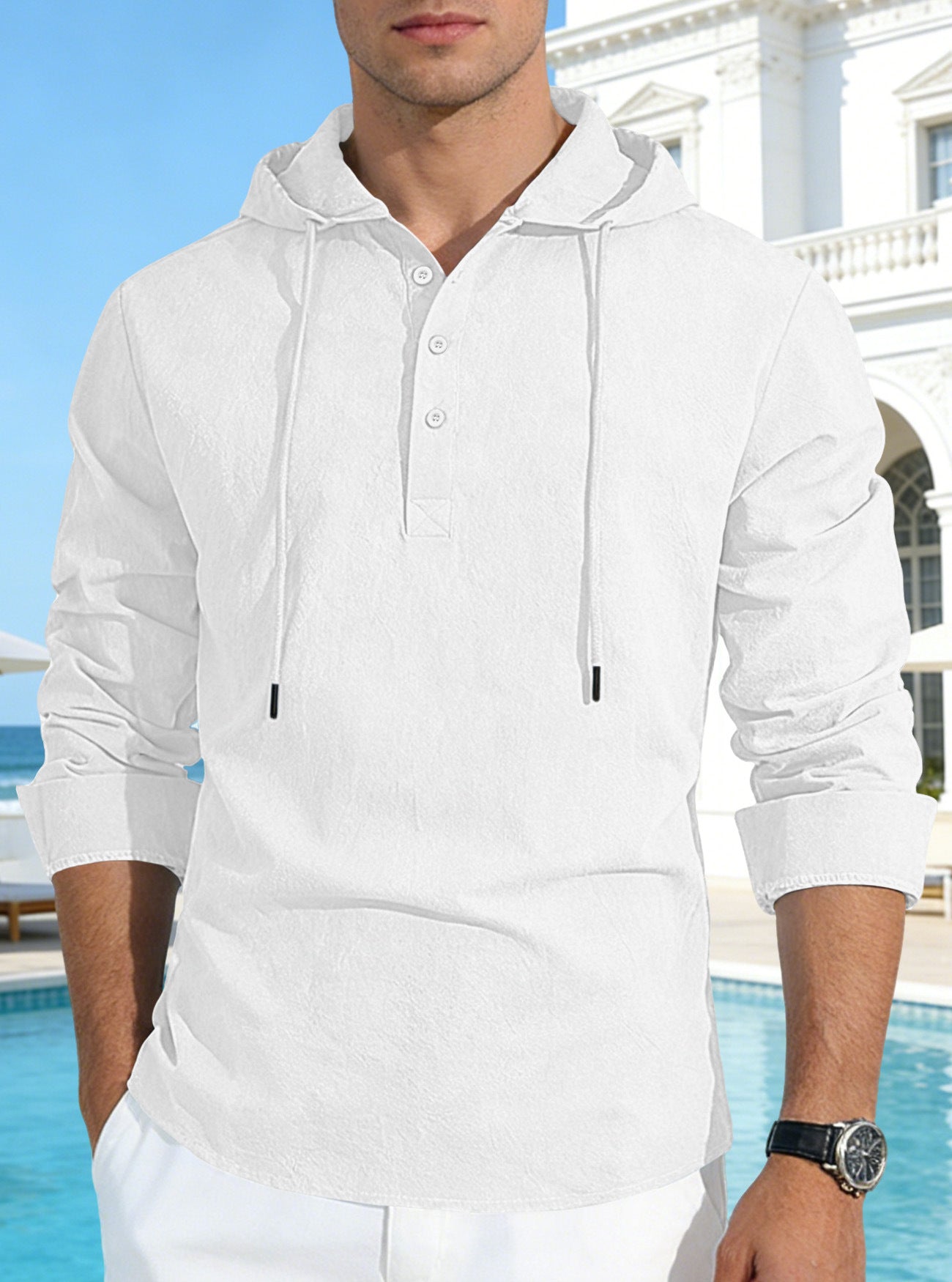 Camisa versátil de algodón y lino de color liso con botones, perfecta tanto para vacaciones como para uso diario.