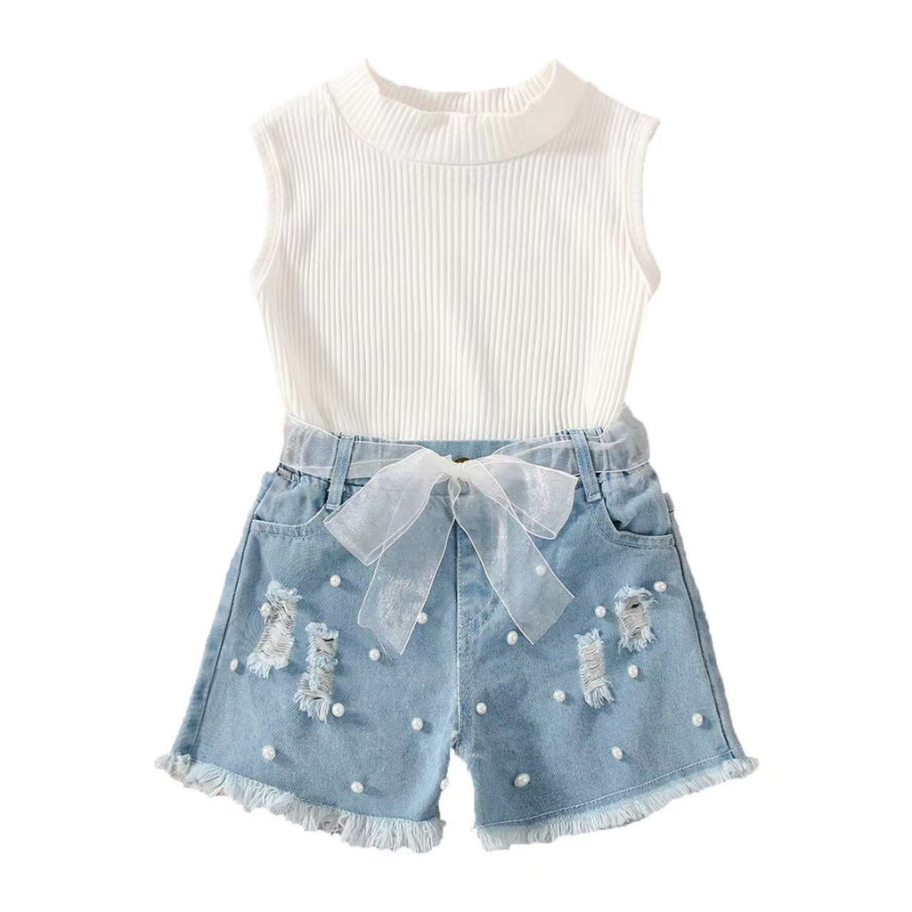 Two-piece sleeveless denim shorts set