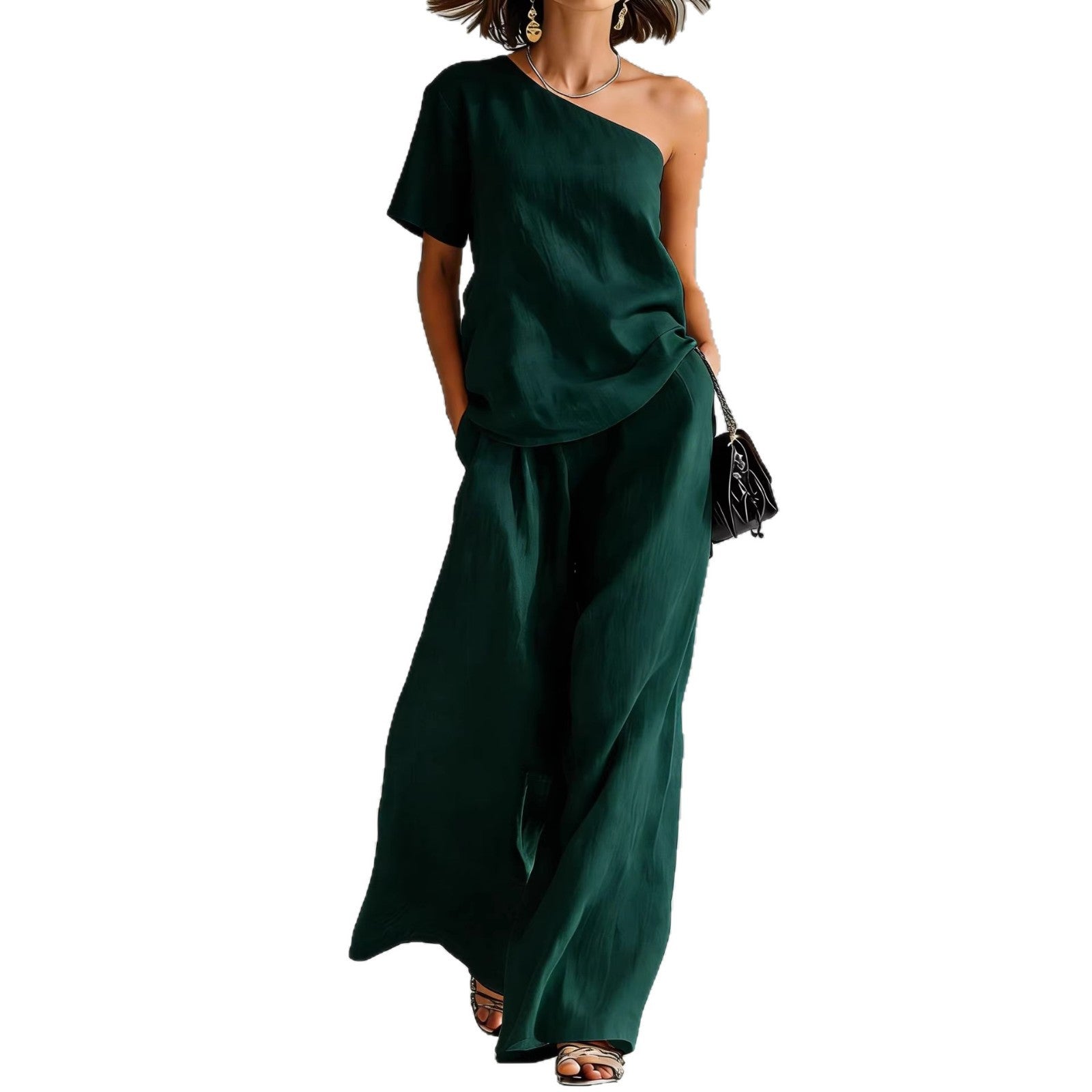 Conjunto casual de top y pantalón de pierna ancha.