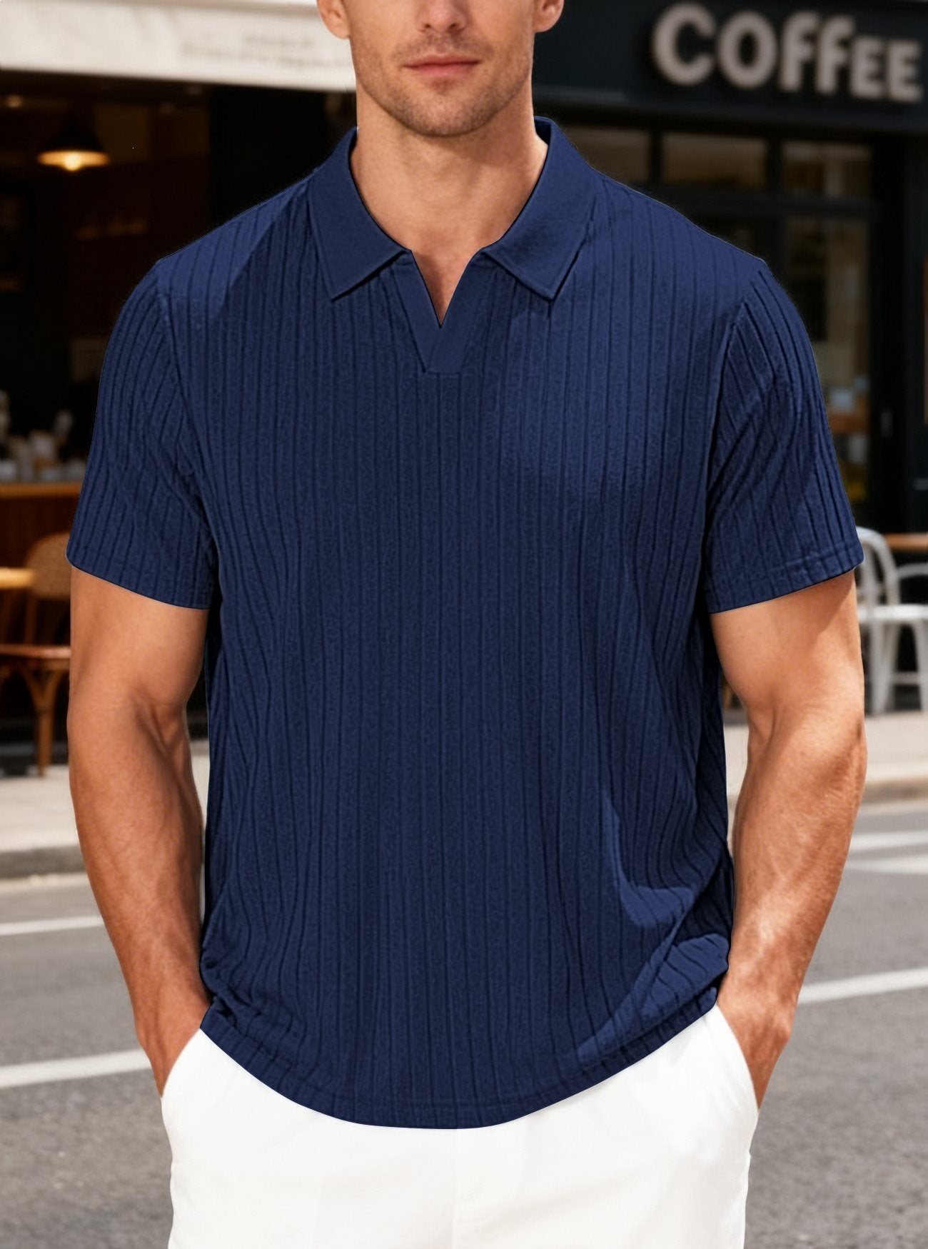 Camisa informal de manga corta a rayas con solapa de jacquard y tejido tipo toalla para hombre