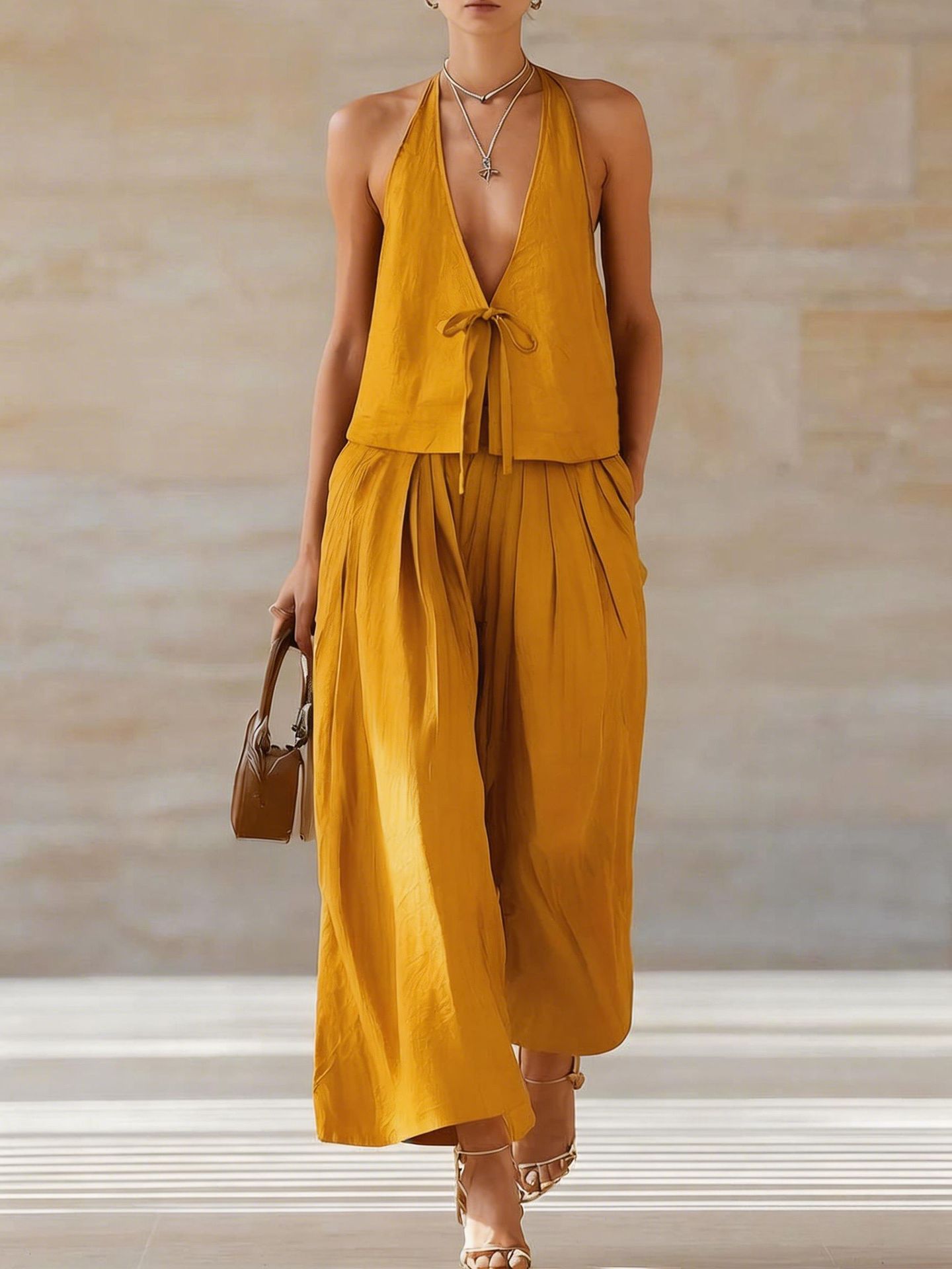 Conjunto de mujer moderno e informal compuesto por chaleco sin mangas y pantalones anchos holgados.