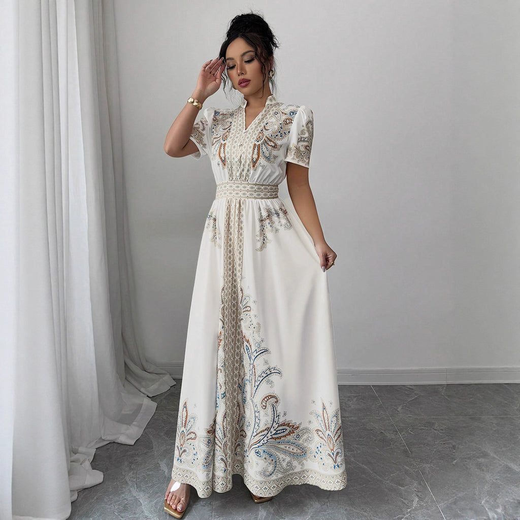 Vestido Maxi Paisley con Cintura Alta, Cuello Mao y Encaje