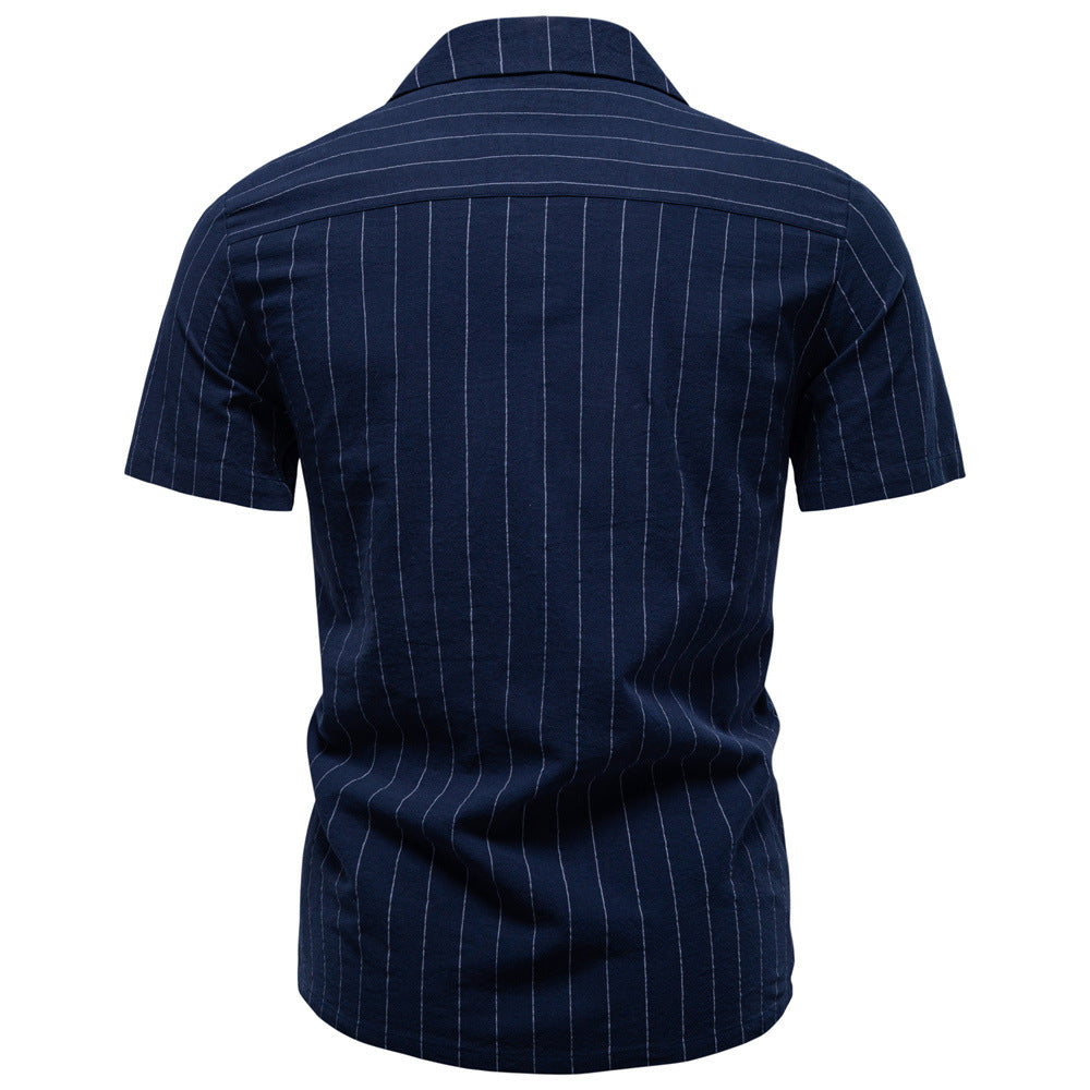 Camisa de algodón a rayas con cuello cubano para hombre.