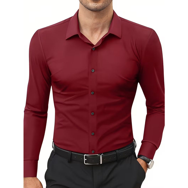 Camisa blanca elástica de manga larga con botones para hombre, tallas grandes.