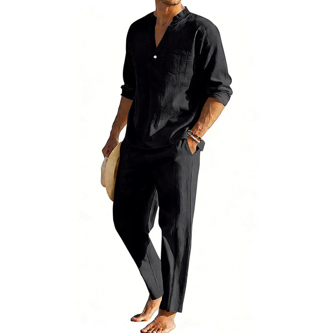 Conjunto informal de pantalón recto y camiseta Henley de manga larga para hombre
