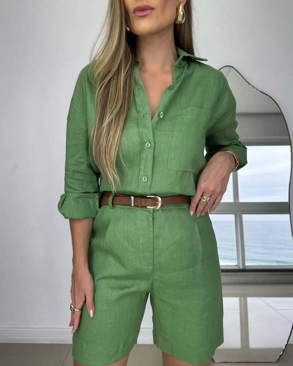 Conjunto informal de camisa de manga larga y pantalones cortos para mujer