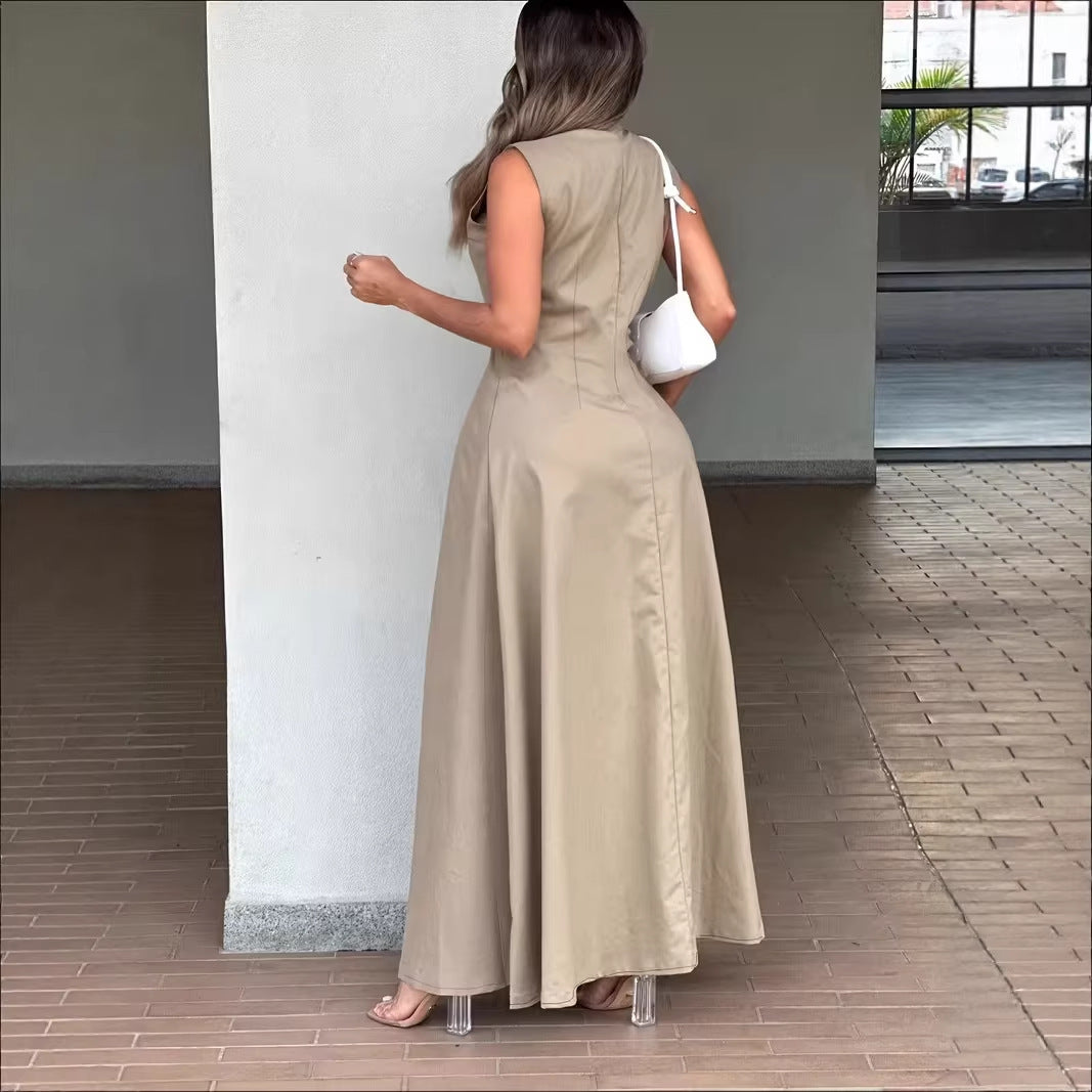 Camisa de vestir larga sin mangas elegante e informal para mujer