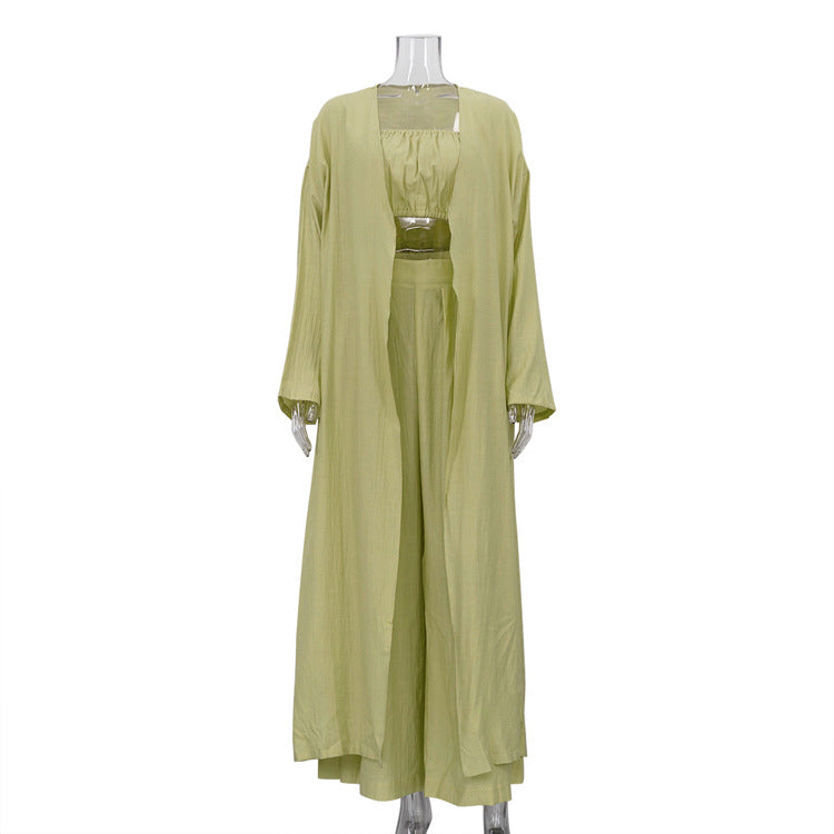 Conjunto Tres Piezas Ropa de Casa Verde Salvia — Top, Kímono y Pantalón Ancho